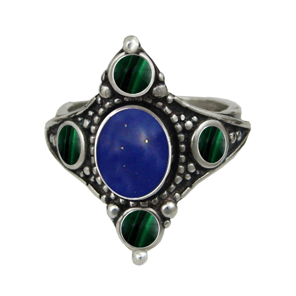 Sterling Silver Renaissance Queen's Ring With Lapis Lazuli And Malachite Size 9